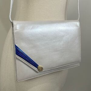 Raphael Salato Vintage Leather Flap Bag Clutch 70s White Blue Crystal Leaf